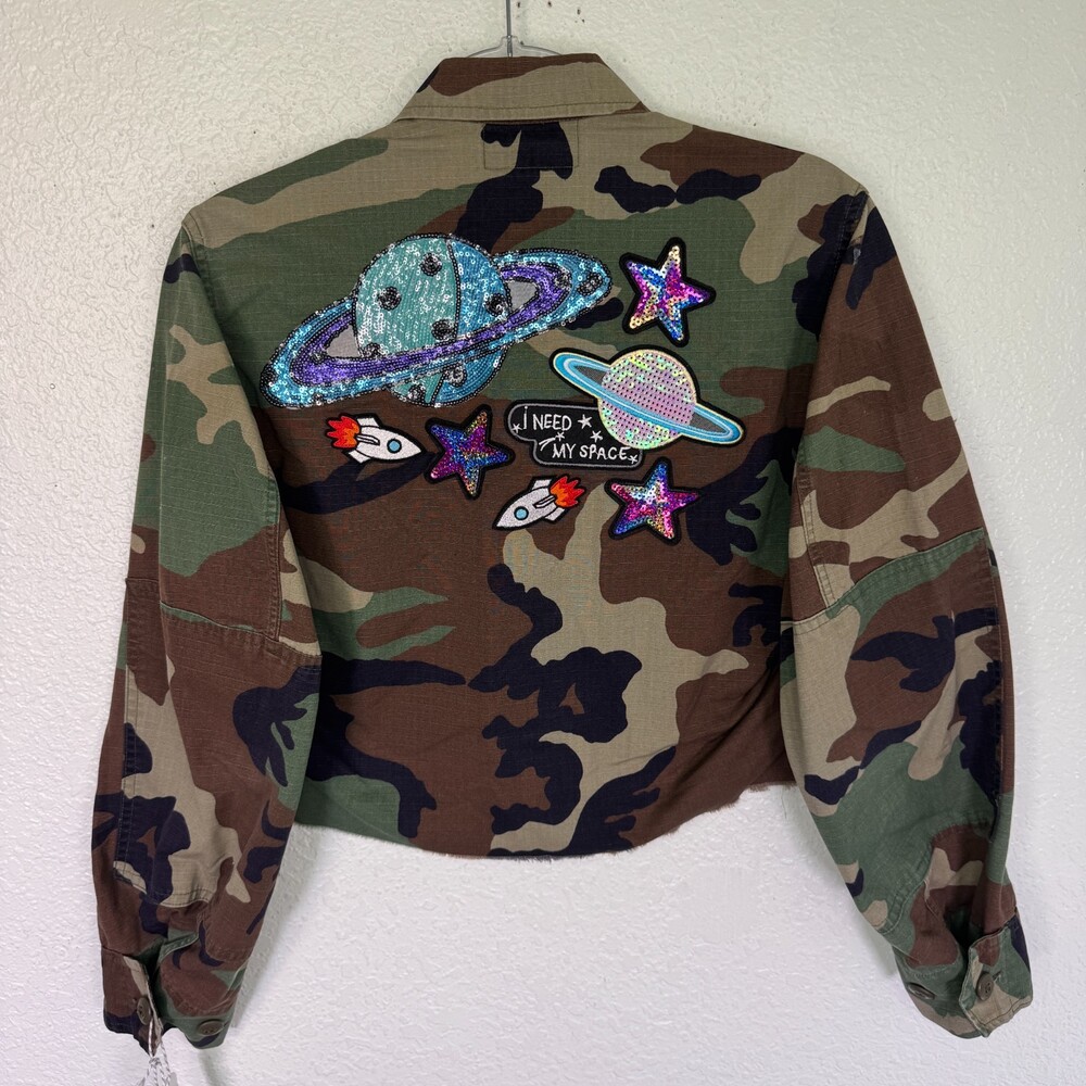 Vintage Camo Jacket Womens XS Cropped Upcycled Space Plants Sequin Patch Custom
